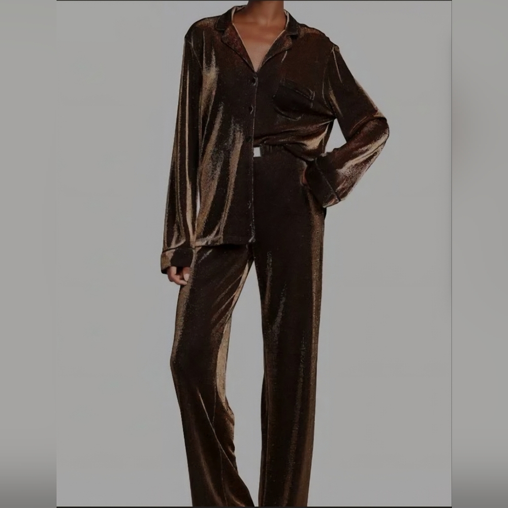 Victoria's Secret Shimmer Knit Bronze Chocolate Brown Pajama Pajamas Set Large L